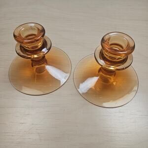 2 VTG Mid-Century Retro Amber Pressed Indiana Glass Single Stem Candle Holders